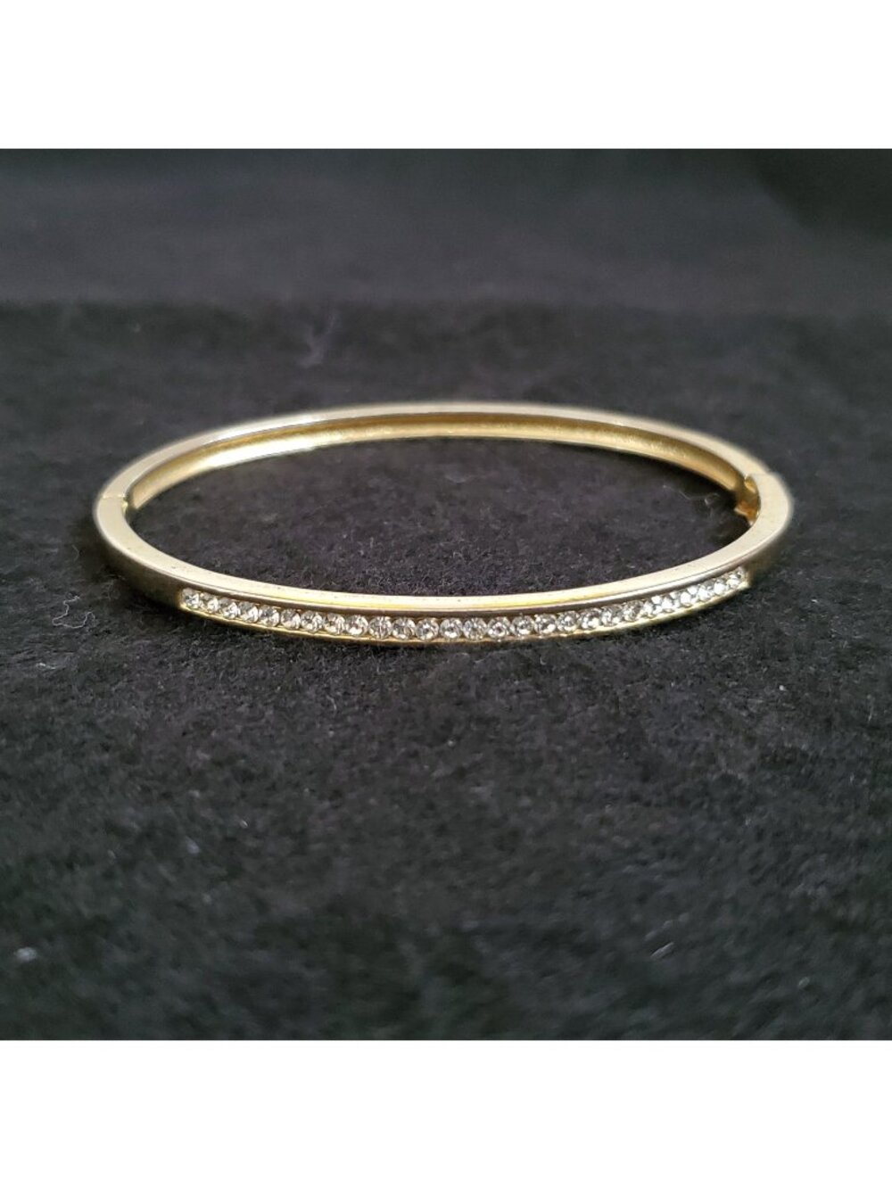 Vintage Rhinestone Bracelet Gold Tone Bangle Clear Chanel Set Hinged 7"